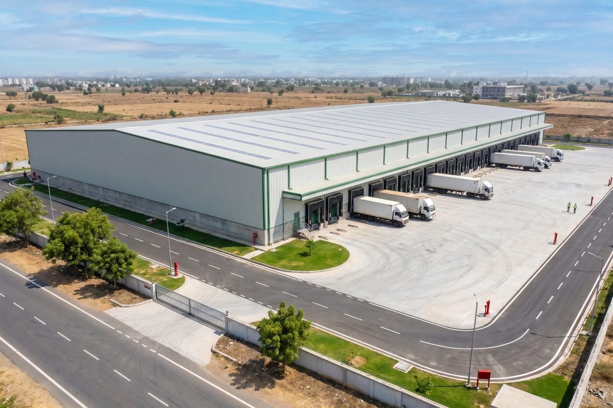 Front view of the planned warehouse from the road