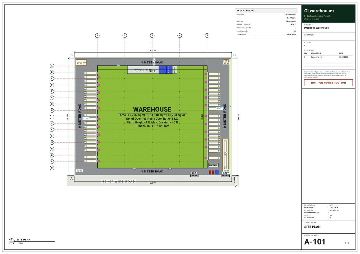 Sample warehouse site plan drawn by GLwarehousez: warehouse, loading docks, truck court, roads and gates